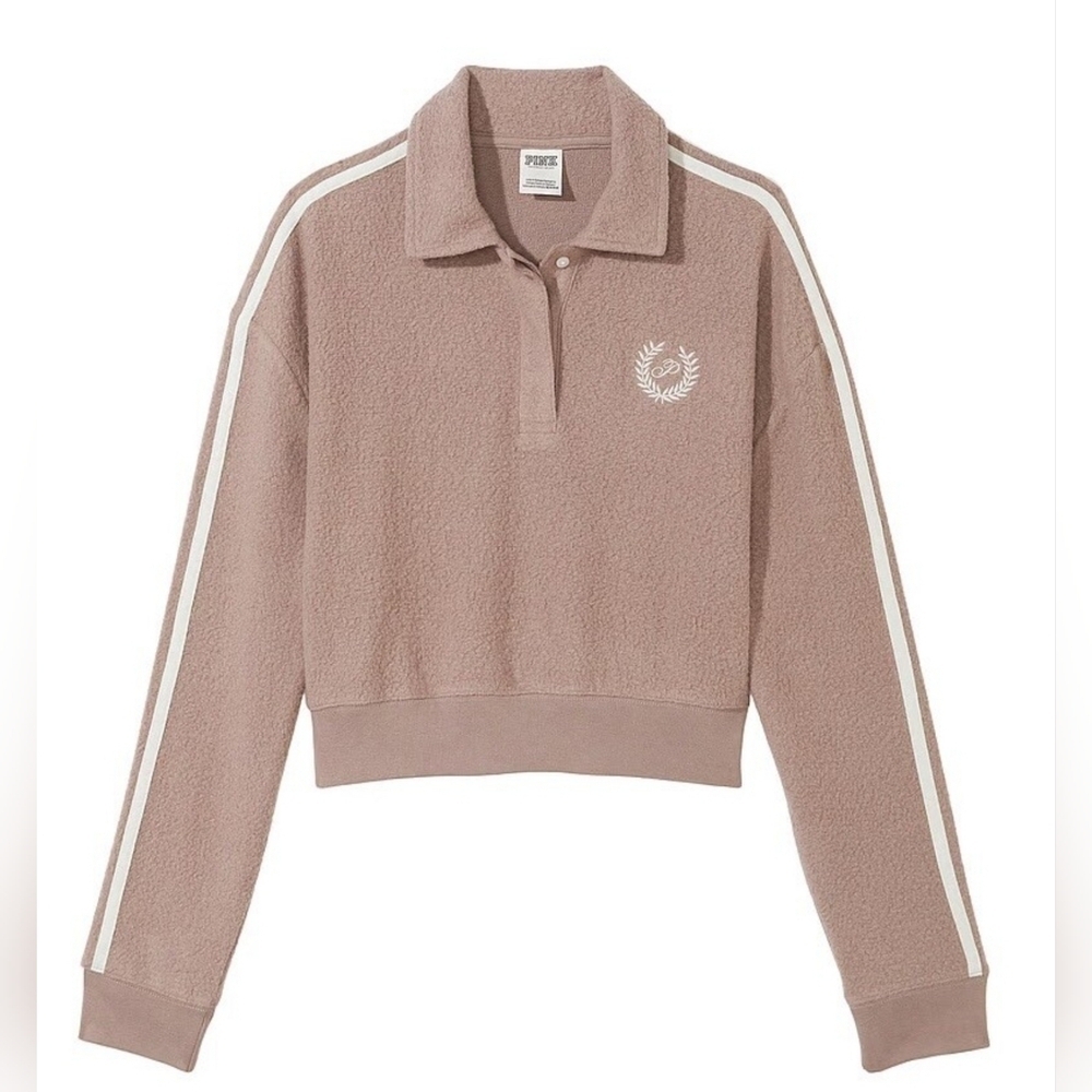Victorias Secret PINK Fleece Varsity Cropped Sweatshirt Sz L Brown Sherpa Henley